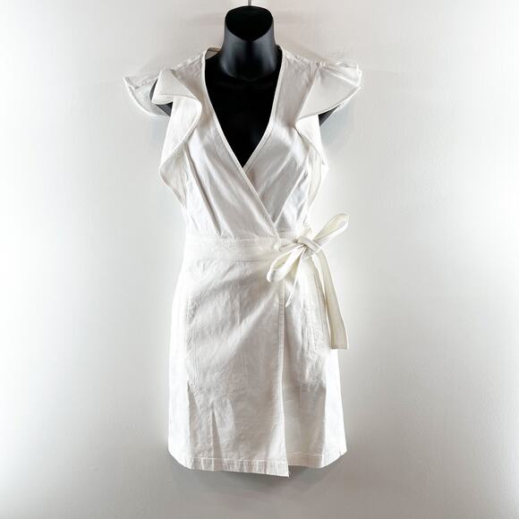 A.L.C Sidelle Linen Blend Wrap Ruffle Sleeve Mini Dress White 4 - Picture 4 of 13